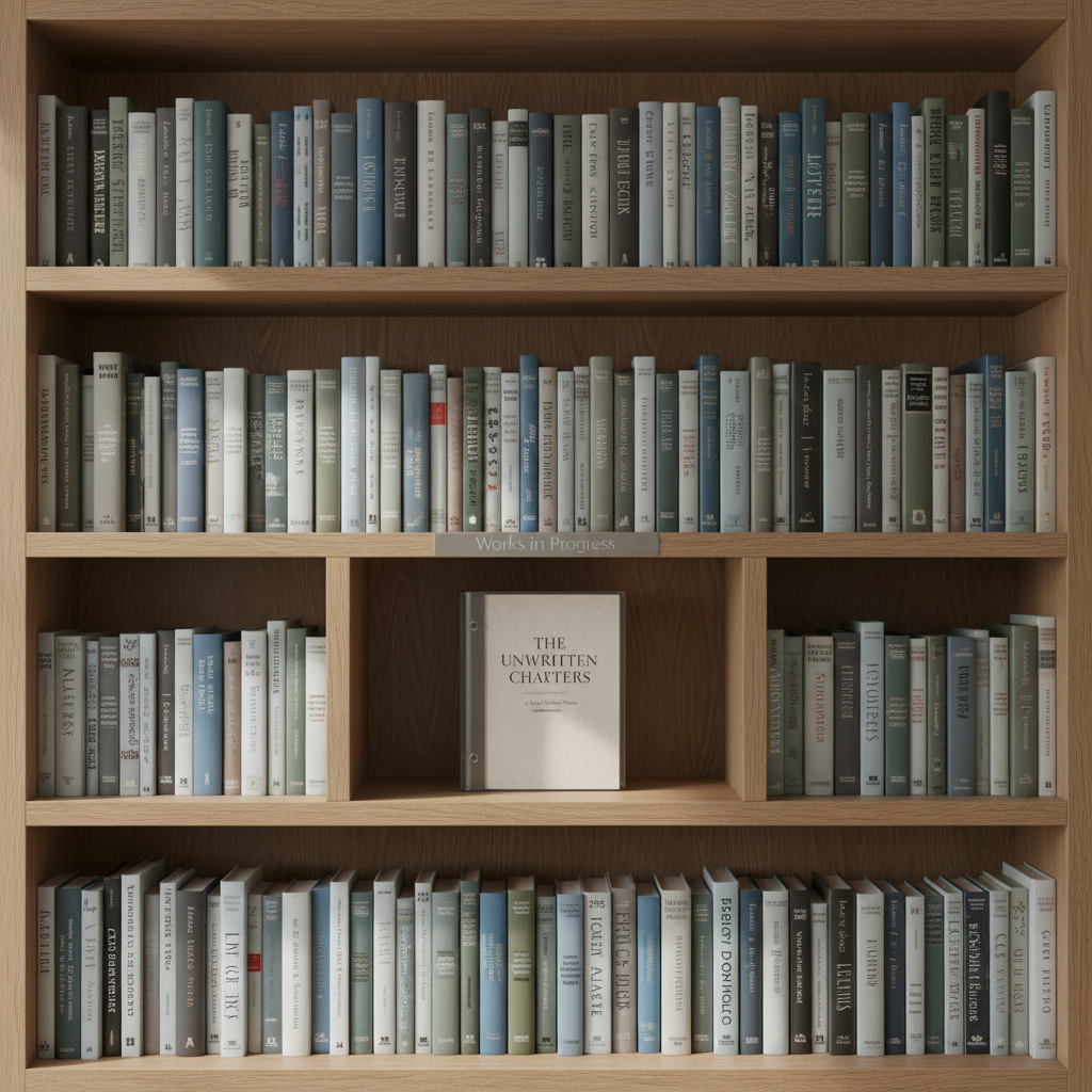 An elegant, minimalist bookshelf filled with neatly aligned hardcovers and paperbacks in muted, professional colors dominates the frame, with one central shelf reserved for a small, showcased space labeled “Works in Progress” on a brushed metal plaque. On that shelf sits a single, thick manuscript bound in a clear cover, its title page visible through the plastic. Soft, indirect daylight from the side highlights the textures of the book spines and the grain of the wooden shelves, casting gentle vertical shadows. The atmosphere is aspirational and orderly, suggesting a serious author’s personal library. Photographic realism, shot straight-on with sharp focus throughout, creating a clean, modern composition suitable for a professional author blog.