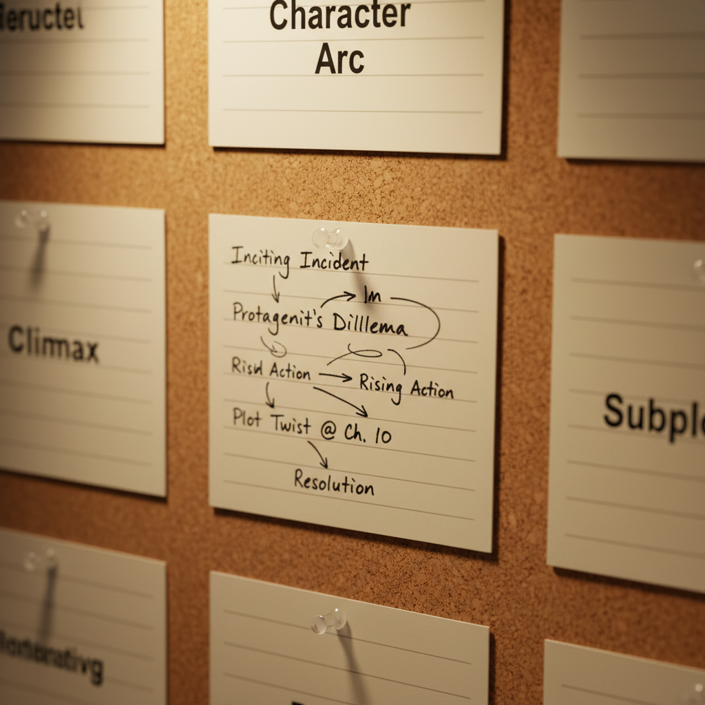 A close-up of a pristine, cream-colored index card pinned to a natural corkboard, covered in meticulously handwritten plot notes and arrows connecting key ideas for a novel. Around it, slightly out of focus, are other cards labeled “Character Arc,” “Climax,” and “Subplot,” arranged in neat, thoughtful rows. Warm desk-lamp lighting casts soft, amber tones across the cork texture and paper fibers, creating delicate shadows that emphasize depth. The mood is focused and analytical, capturing the planning phase of storytelling. Photographic realism, shot from a slightly angled, close-up perspective with a shallow depth of field, turning the central index card into a crisp focal point while the surrounding board hints at a complex, evolving narrative structure.