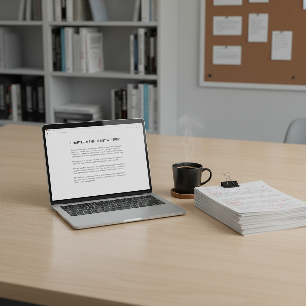 A sleek, modern workspace centered on a large, ultra-clean wooden desk holds an open laptop displaying a minimalist writing app filled with paragraphs of text and a visible chapter heading. Beside it, a stack of printed pages bound with a black clip shows red-inked edits along the margins. A matte-black mug of coffee sits on a cork coaster, faint steam curling upward. Cool, diffused daylight from a nearby window creates soft, even illumination, with subtle reflections on the laptop’s metal casing. The background fades into a gentle blur of organized bookshelves and a simple pinboard with neatly arranged index cards. Photographic realism, eye-level composition, professional and organized mood, emphasizing productivity and authorial discipline.